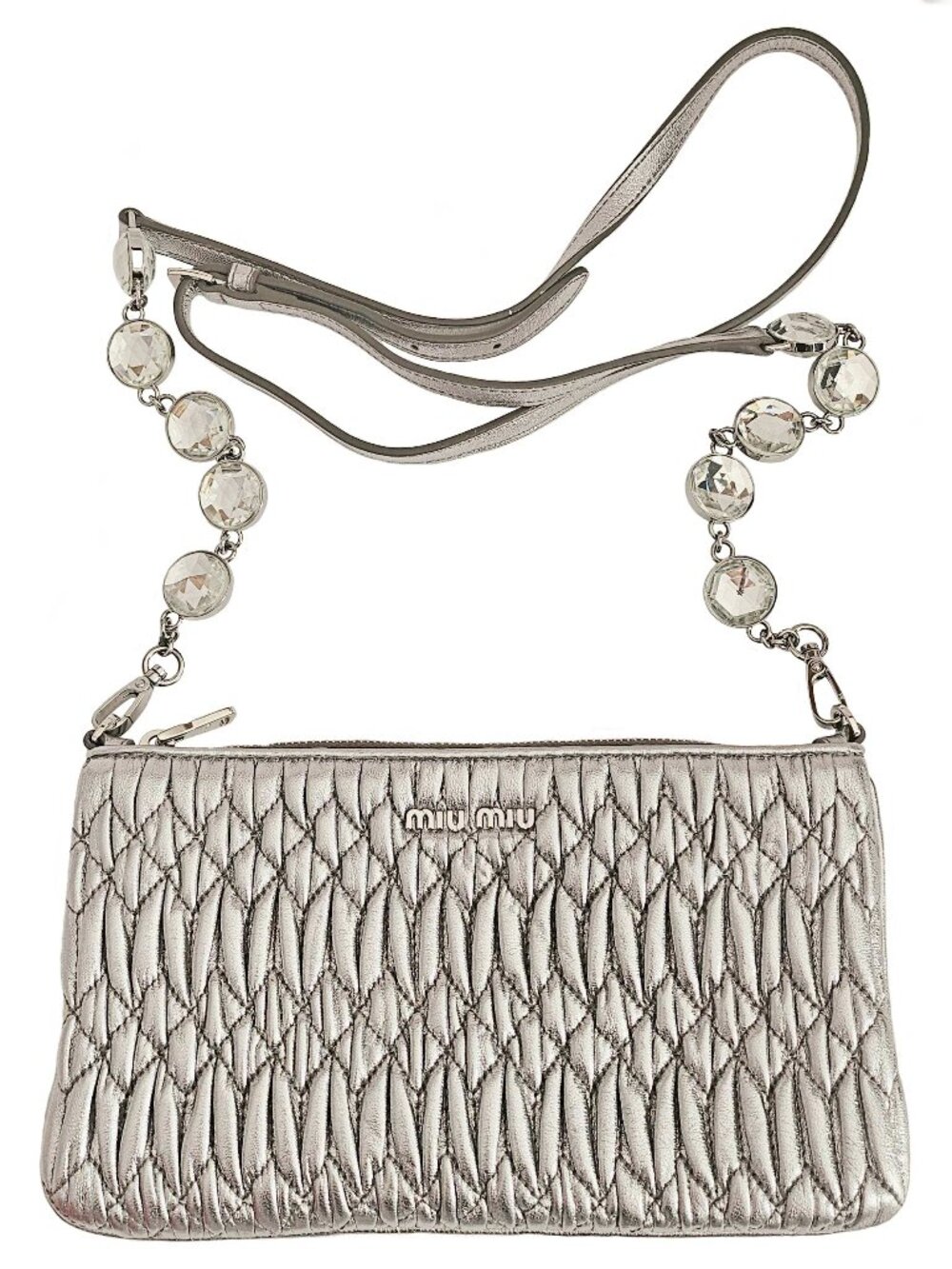 MIU MIU SILVER MATELASSE CRYSTAL STRAP LEATHER CLUTCH CROSSBODY BAG
